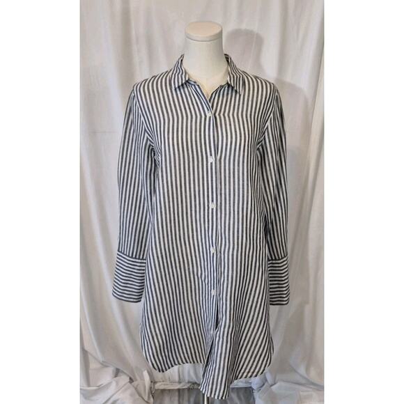 J. Crew Gray White Classic Fit Striped Beach Linen Cotton Tunic Shirt XS - Picture 1 of 5